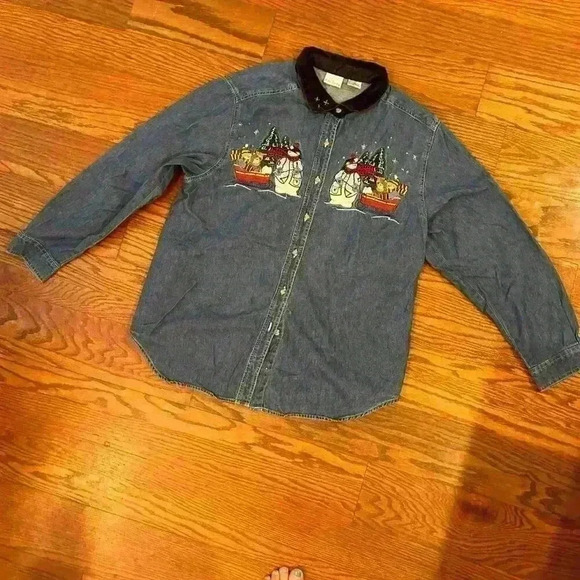 Vintage Christmas Embroidered Denim Shirt Snowman Size XL Ugly Christmas Sweater - Picture 9 of 9